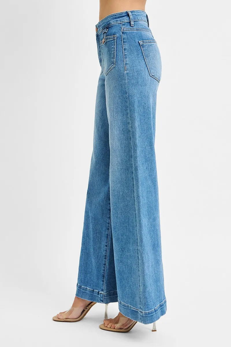 RISEN Full Size Mid Rise Wide Front Patch Pocket Jeans Plus Size -  Be Bliss Boutique