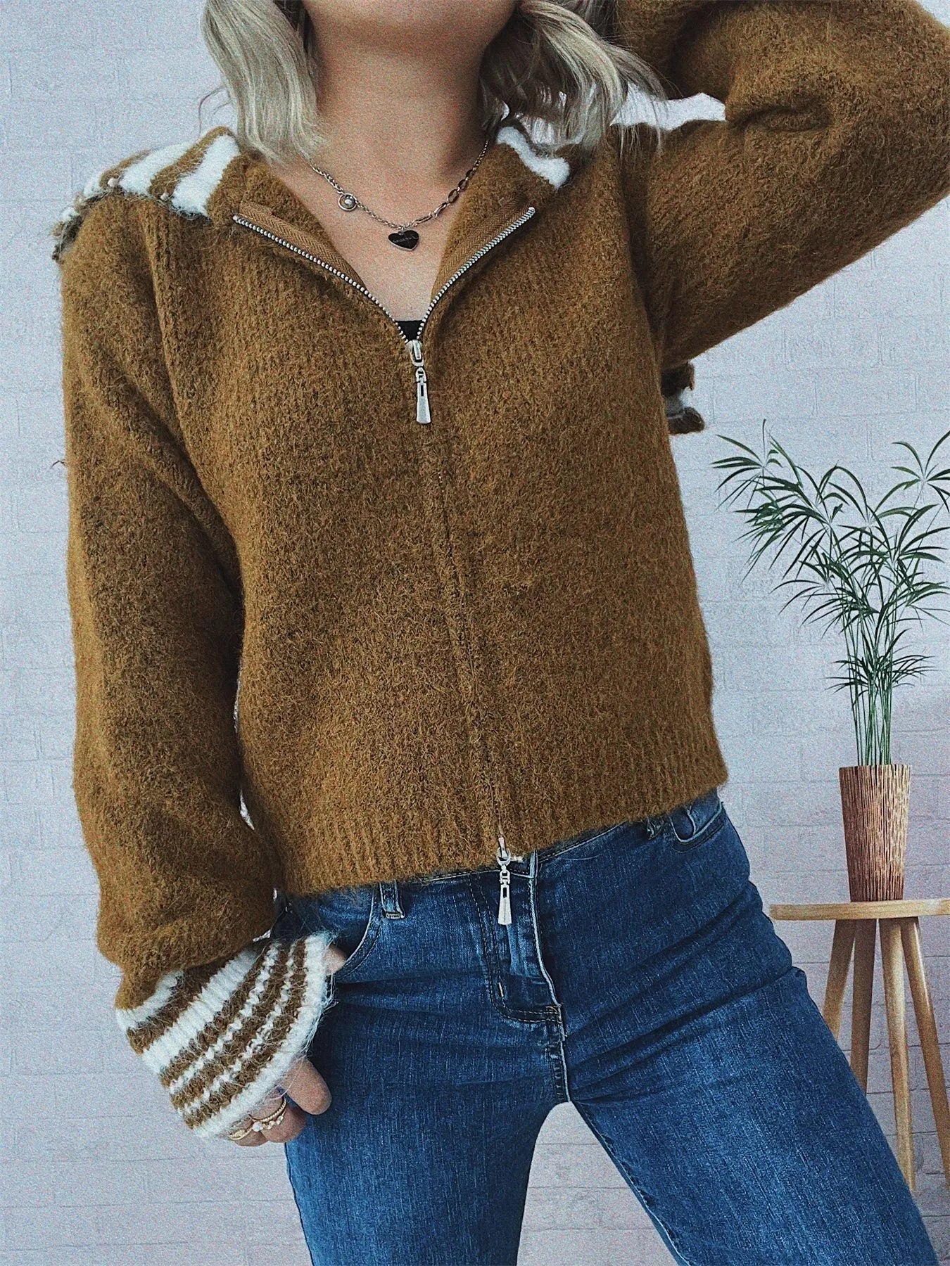 Striped Zip-Up Cardigan -  Be Bliss Boutique