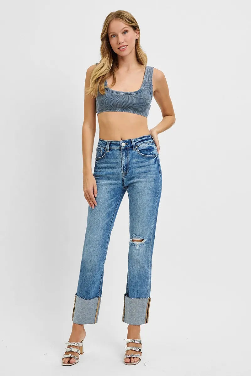 RISEN Full Size High Rise Ankle Straight Wide Cuffed Jeans Plus Size -  Be Bliss Boutique