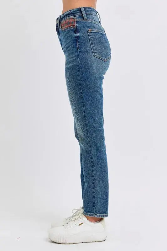Judy Blue Full Size/Plus Size High Waist Plaid Patch Slim Fit Jeans | Be Bliss Boutique