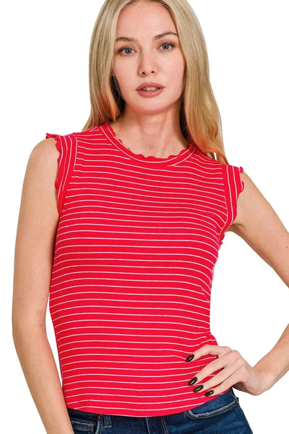 Zenana Ruby Ribbed Ruffle Trim Sleeveless Stripe Top |  Be Bliss Boutique