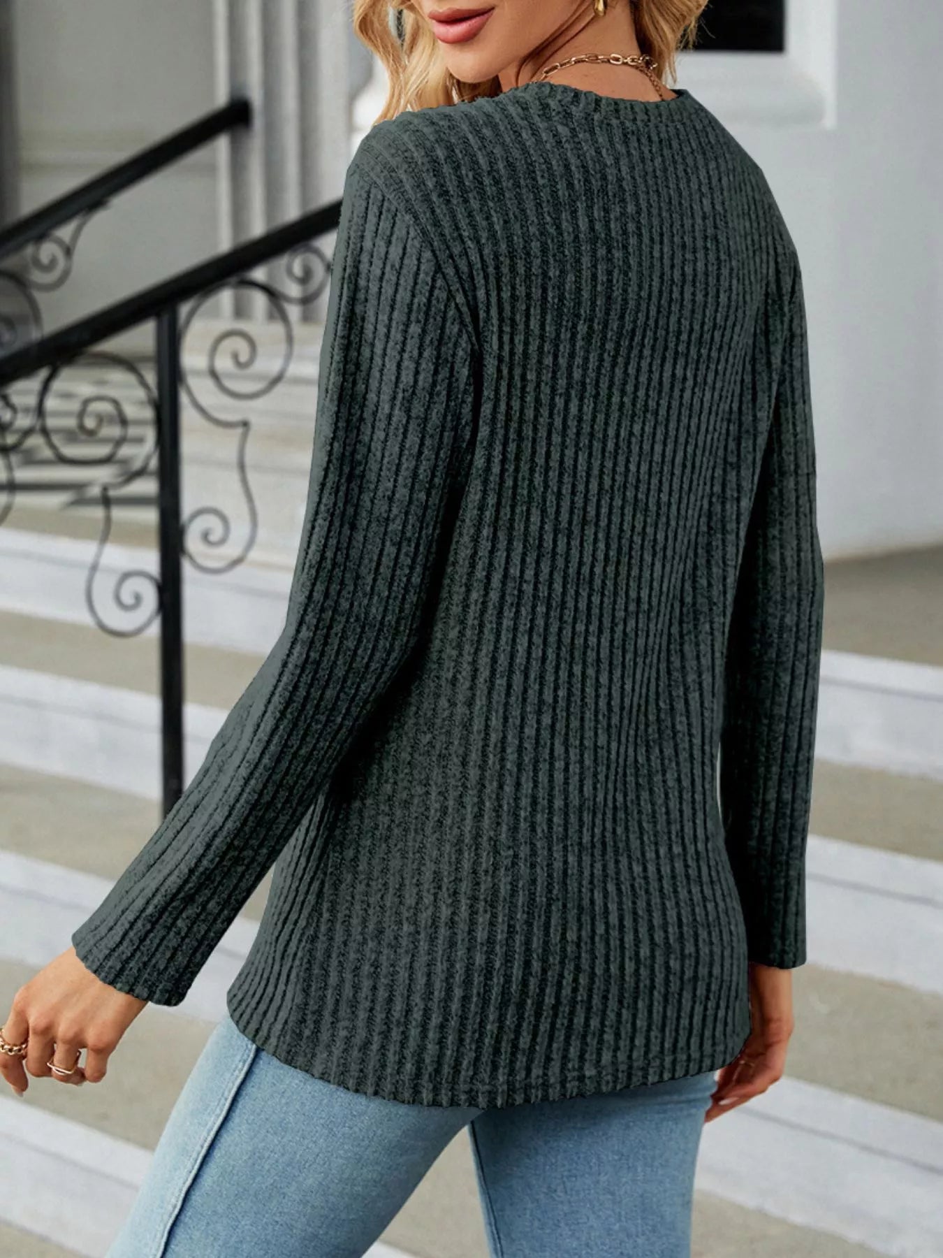 Ribbed Knit Decor Button T-Shirt -  Be Bliss Boutique