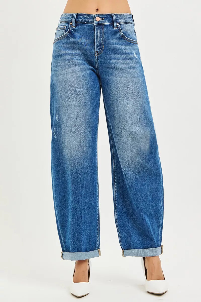 RISEN Jeans - Full Size Mid Rise Barrel Double Roll Up Jeans - Be Bliss Boutique
