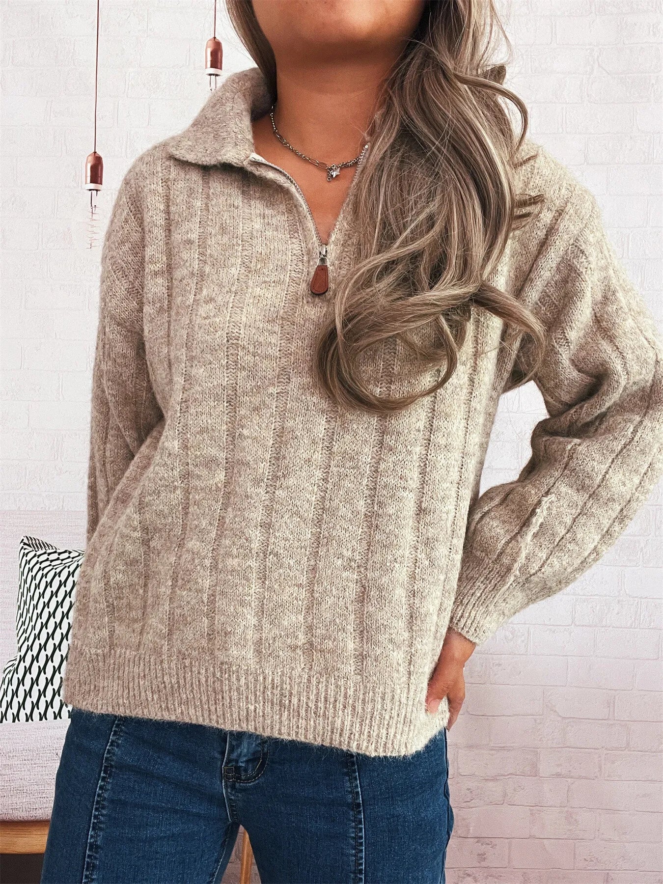 Ribbed Hem Quarter Zip Sweater -  Be Bliss Boutique