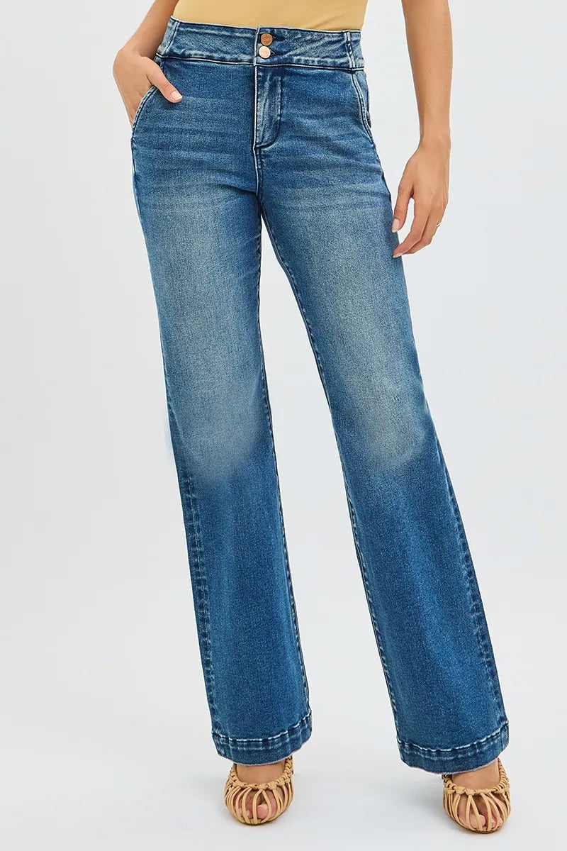 RISEN Full Size Tummy Control High Rise Bootcut Jeans with Double Button Waistband Plus Size -  Be Bliss Boutique