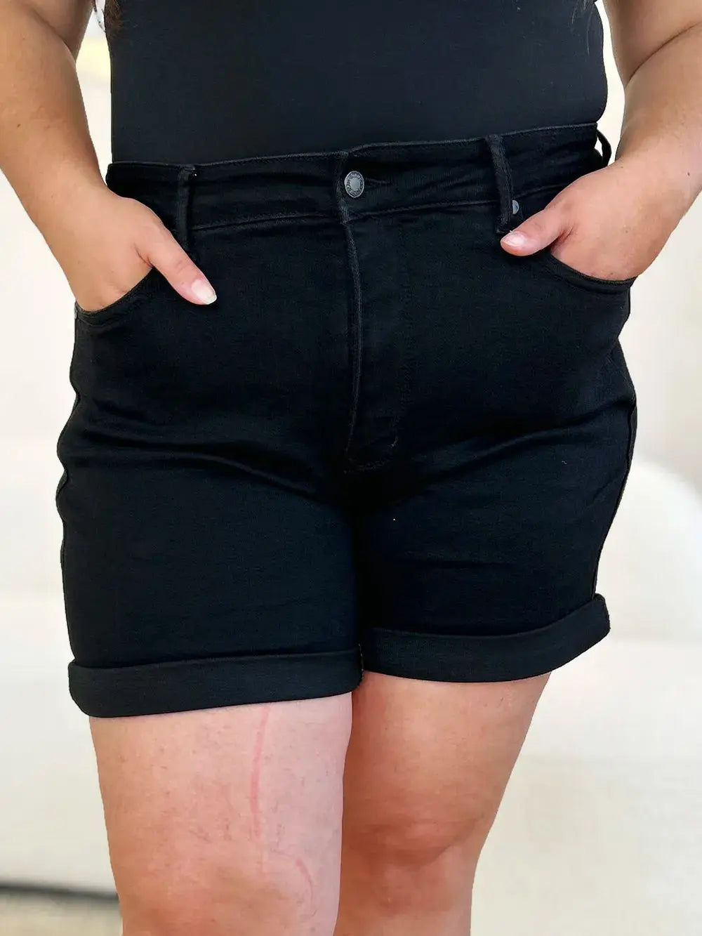 Judy Blue Full Size/Plus Size High Waist Tummy Control Cuffed Denim Shorts | Be Bliss Boutique