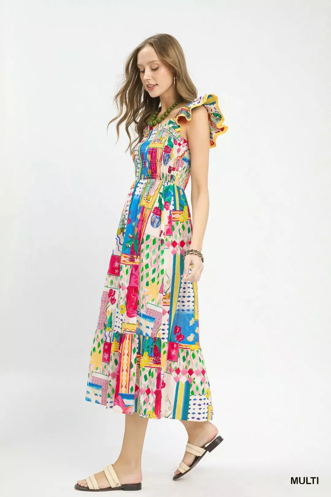 Umgee Abstract Print Smocked Ruffle Sleeve Tiered Midi Dress - Be Bliss Boutique
