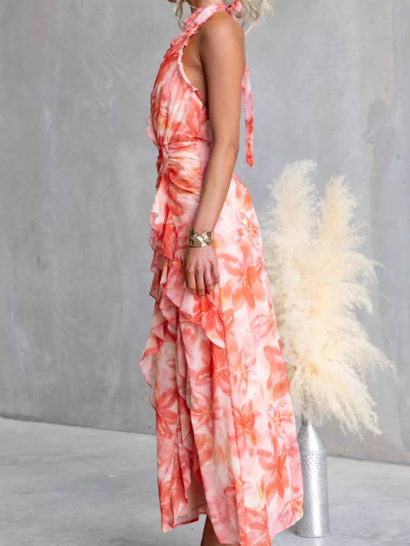 Floral Print Ruffle Halter Neck Maxi Dress - Be Bliss Boutique