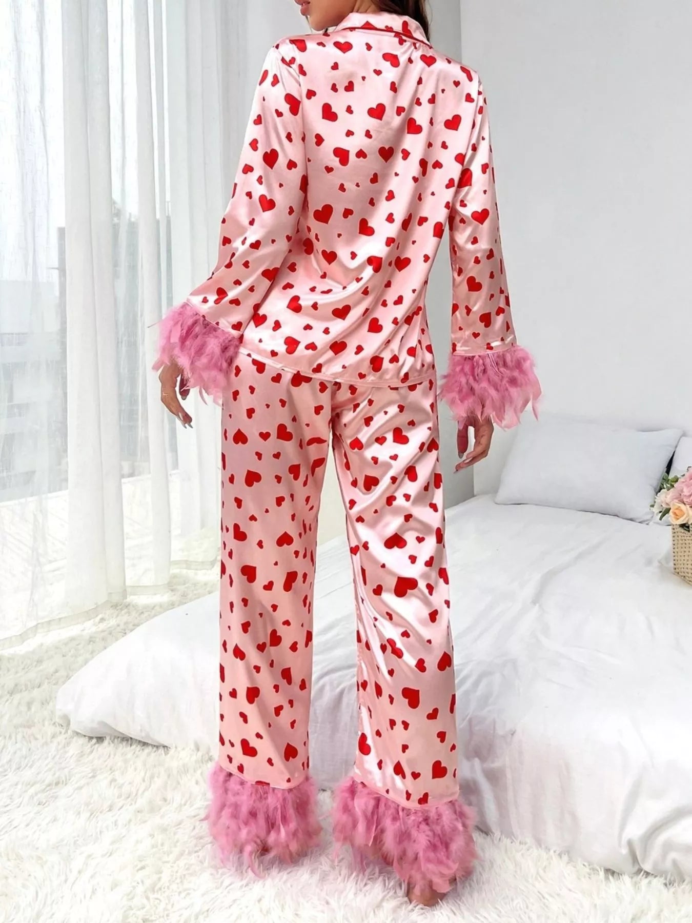 Heart Print Button Up Top and Pants Lounge Set - Be Bliss Boutique