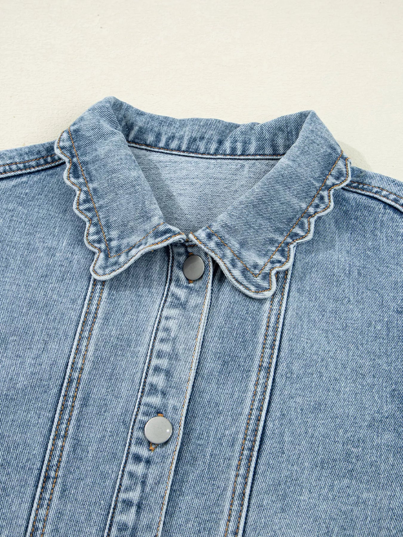 Scallop Trim Collar Patched Pocket Button Up Denim Jacket - Be Bliss Boutique