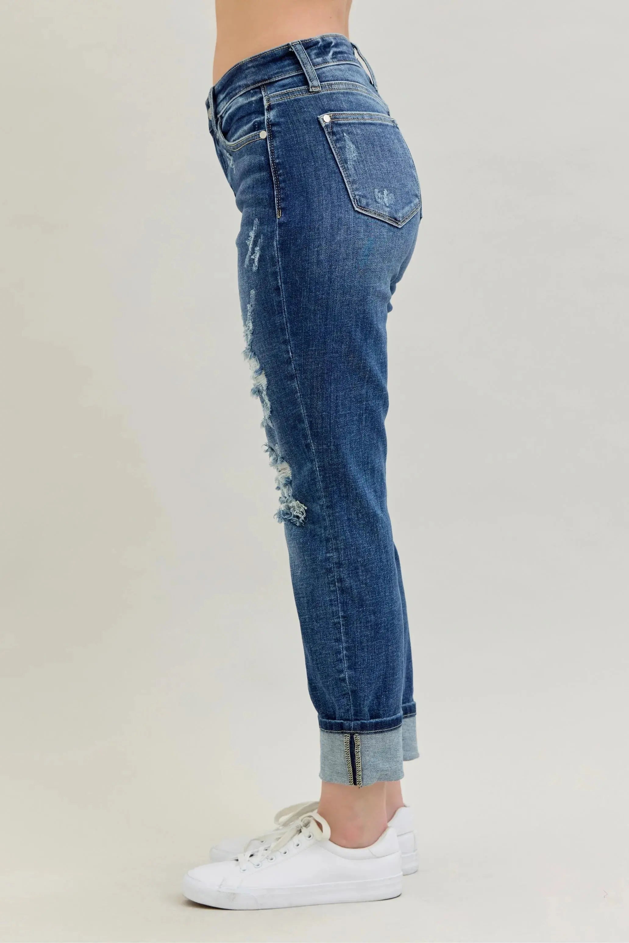 Judy Blue Full Size / Plus Size Mid Rise Cuffed Destroy Boyfriend Jeans |  Be Bliss Boutique