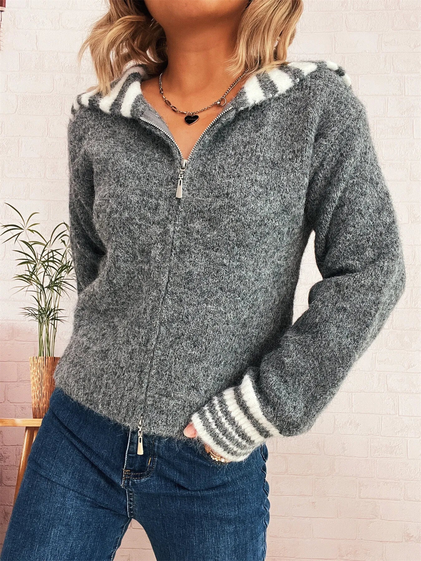Striped Zip-Up Cardigan -  Be Bliss Boutique