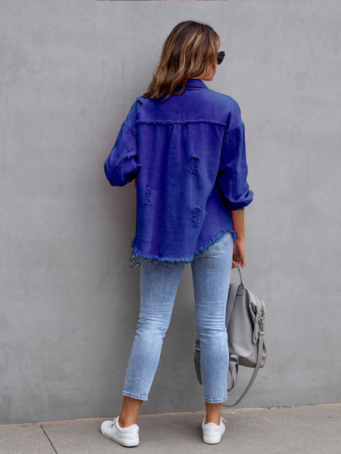Distressed Drop Shoulder Denim Jacket - Be Bliss Boutique