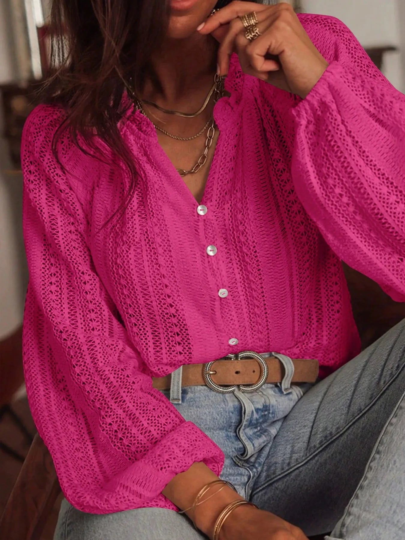 Crochet Notched Button-Front Shirt -  Be Bliss Boutique