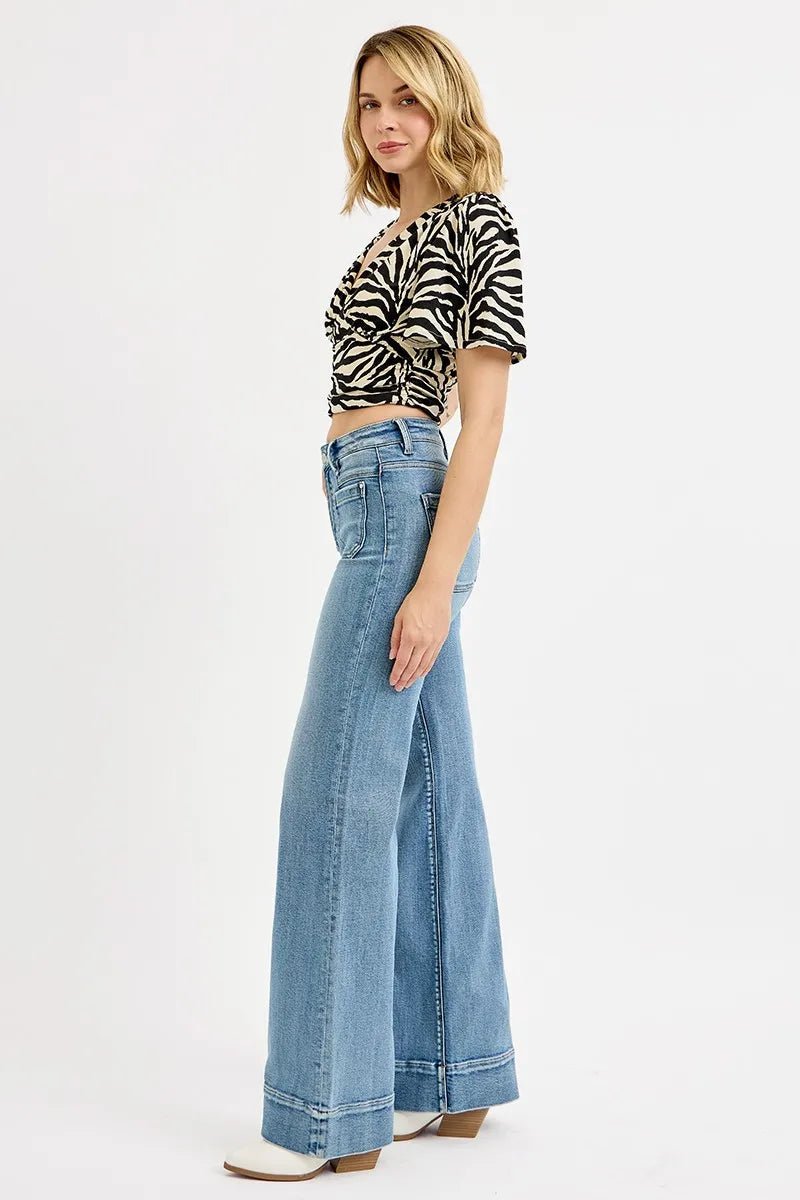 High Rise Wide Flare Patch Pocket RISEN Jeans – Full Size