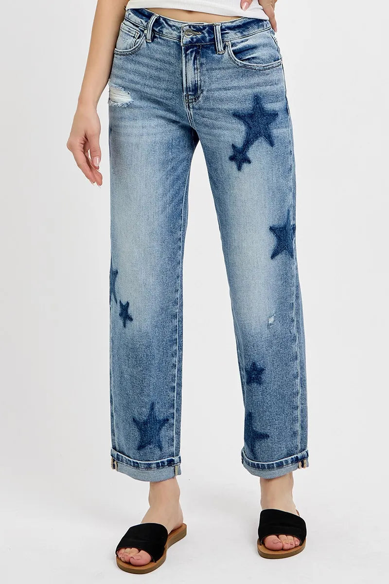 RISEN Full Size Mid Rise Boyfriend Star Shadow Detail Cuffed Jeans Plus Size -  Be Bliss Boutique