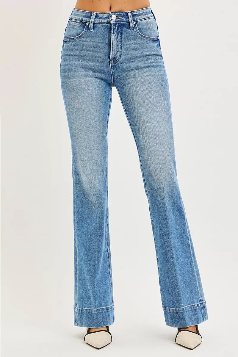 RISEN Jeans - Tummy Control 4 Way Stretch Mid Rise Flare Jeans - Be Bliss Boutique