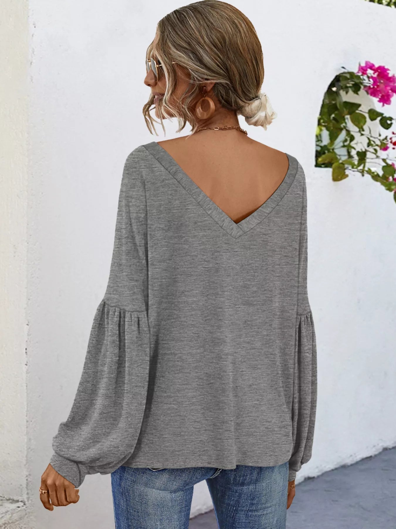 Oversized V-Neck Long Sleeve Blouse - Be Bliss Boutique