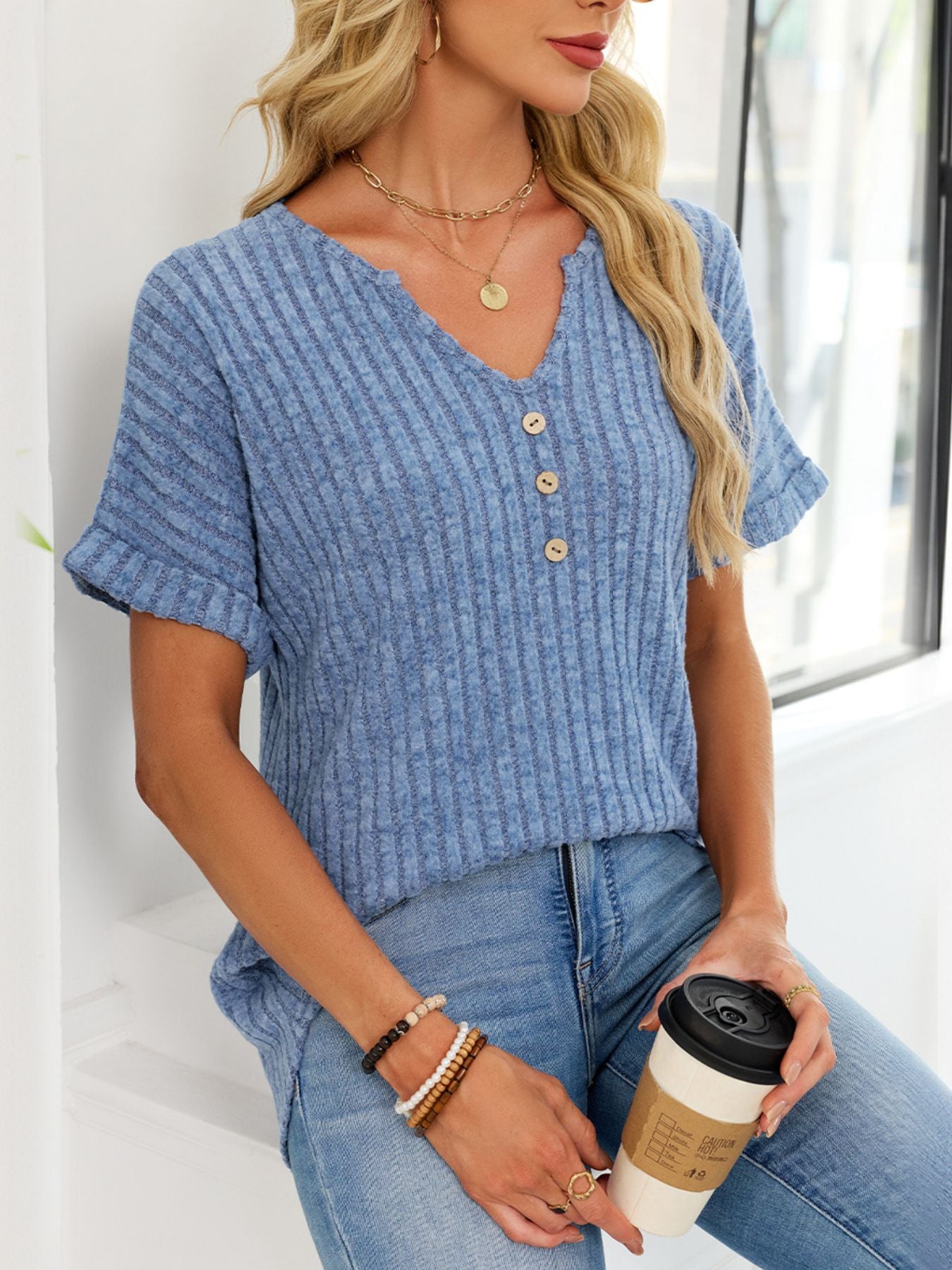 Women's Ribbed Knit Button V Neck Short Sleeve T Shirt - Be Bliss Boutique
