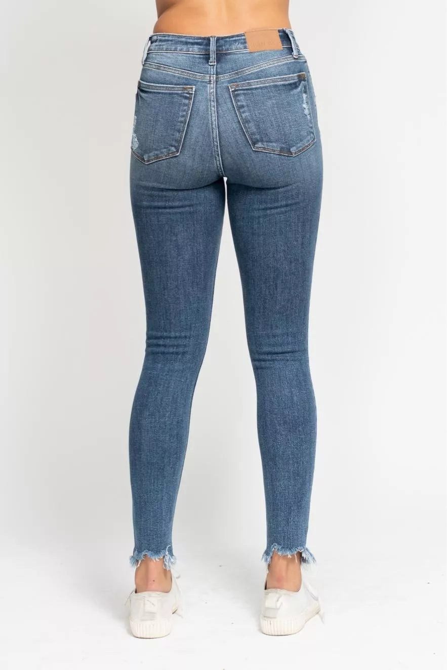 Judy Blue Jeans - High Waist Skinny Jeans with Destroy & Shark Bit Hem - Be Bliss Boutique