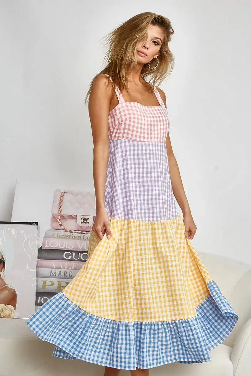 BiBi Color Block Tiered Gingham Dress | Be Bliss Boutique