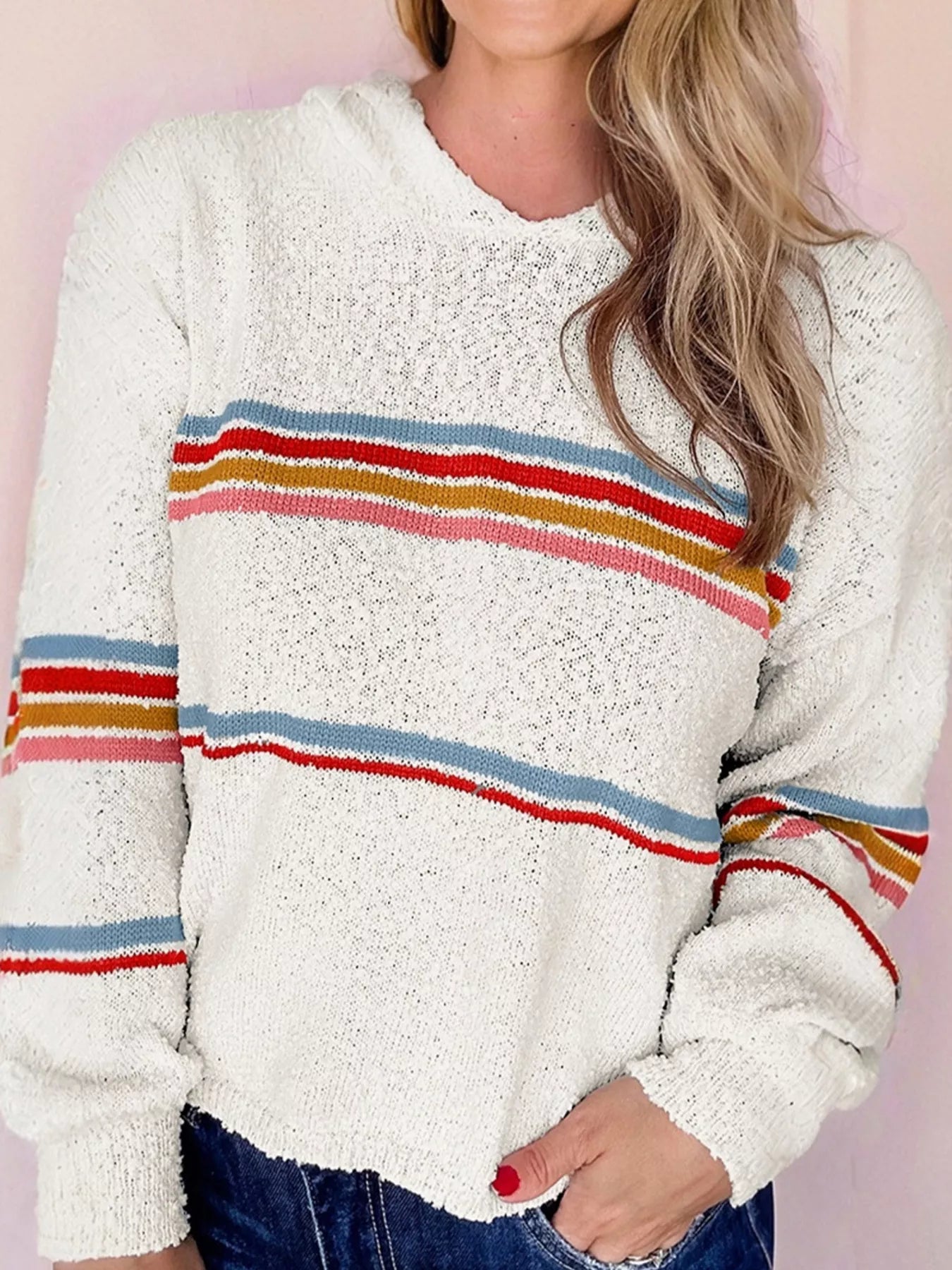 Multicolored Striped Accent Popcorn Hooded Sweater - Be Bliss Boutique