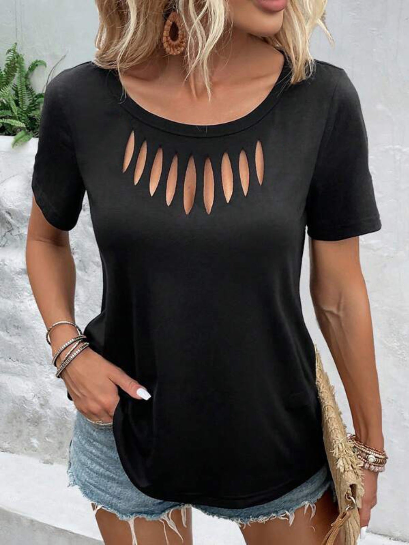 Women's Black Cutout T Shirt - Be Bliss Boutique