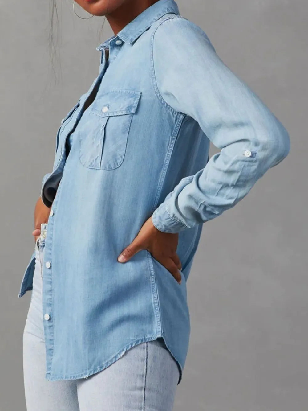 Collared Neck Roll-Tab Sleeve Womens Denim Shirt - Be Bliss Boutique