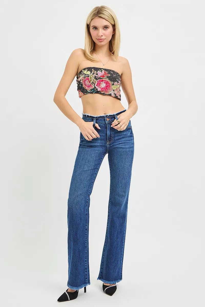 RISEN Jeans - Full Size Mid Rise Bootcut Frayed Waistband Hem Detail Jeans - Be Bliss Boutique
