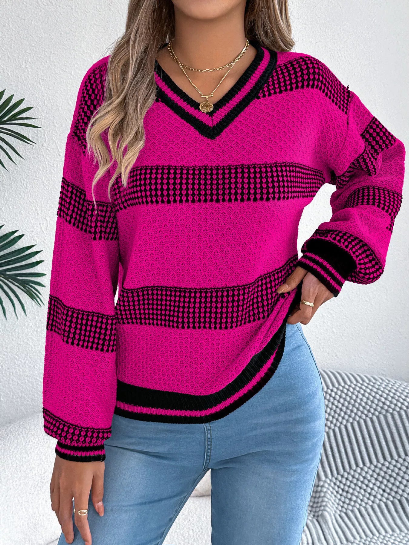 Contrast Striped V-Neck Sweater - Be Bliss Boutique