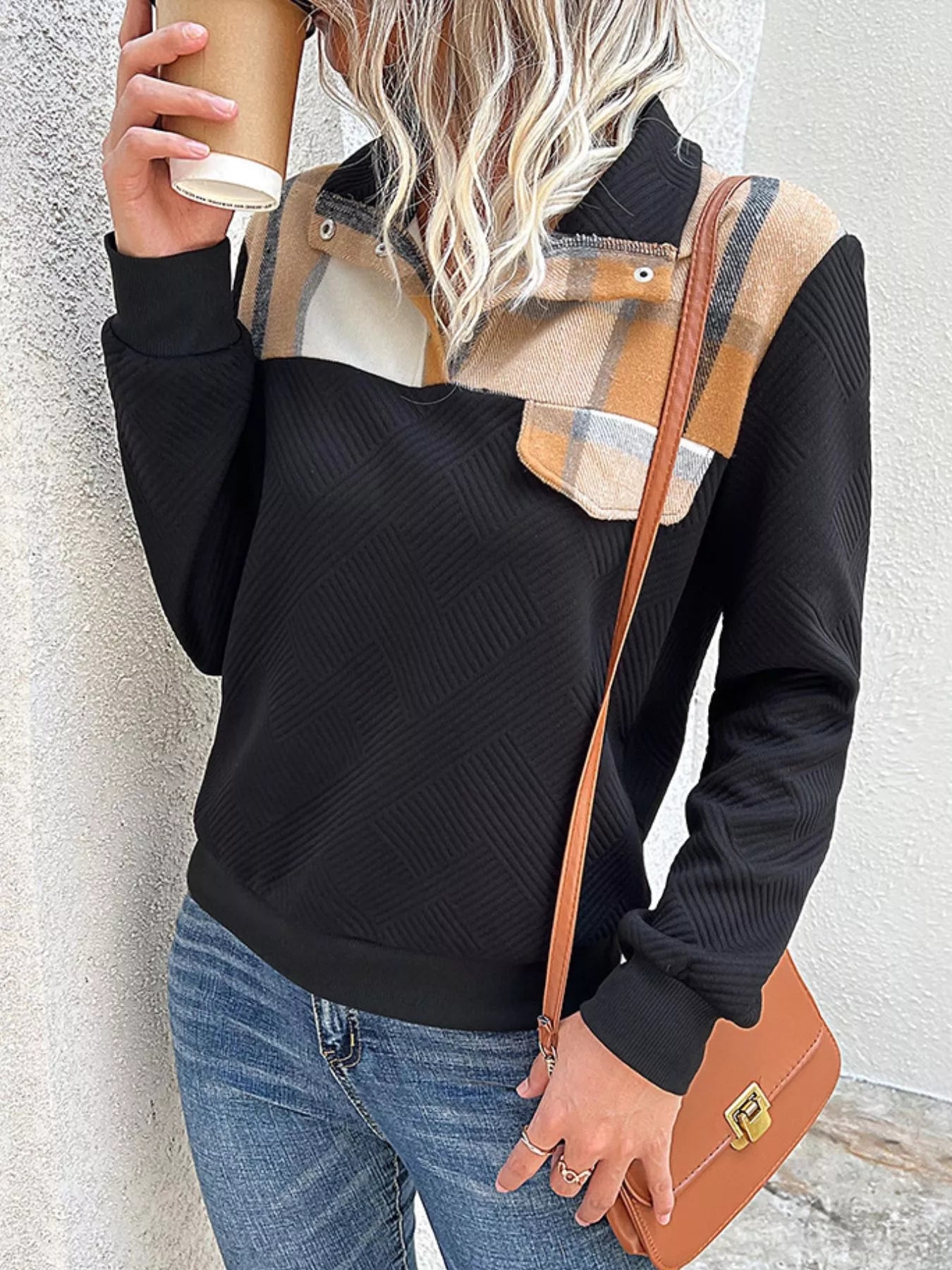 Color Block Texture Long Sleeve Sweatshirt -  Be Bliss Boutique