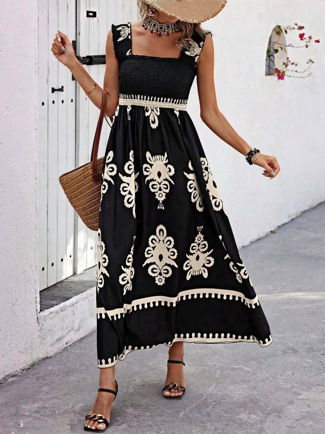 Smocked Printed Wide Strap Maxi Dress - Be Bliss Boutique