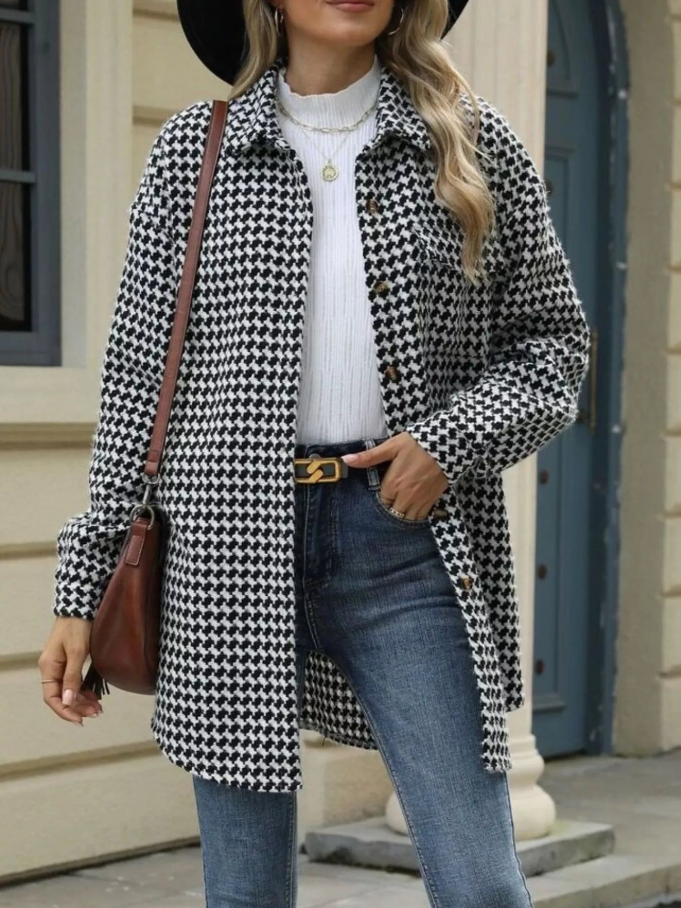Houndstooth Button Up Long Sleeve Coat - Be Bliss Boutique