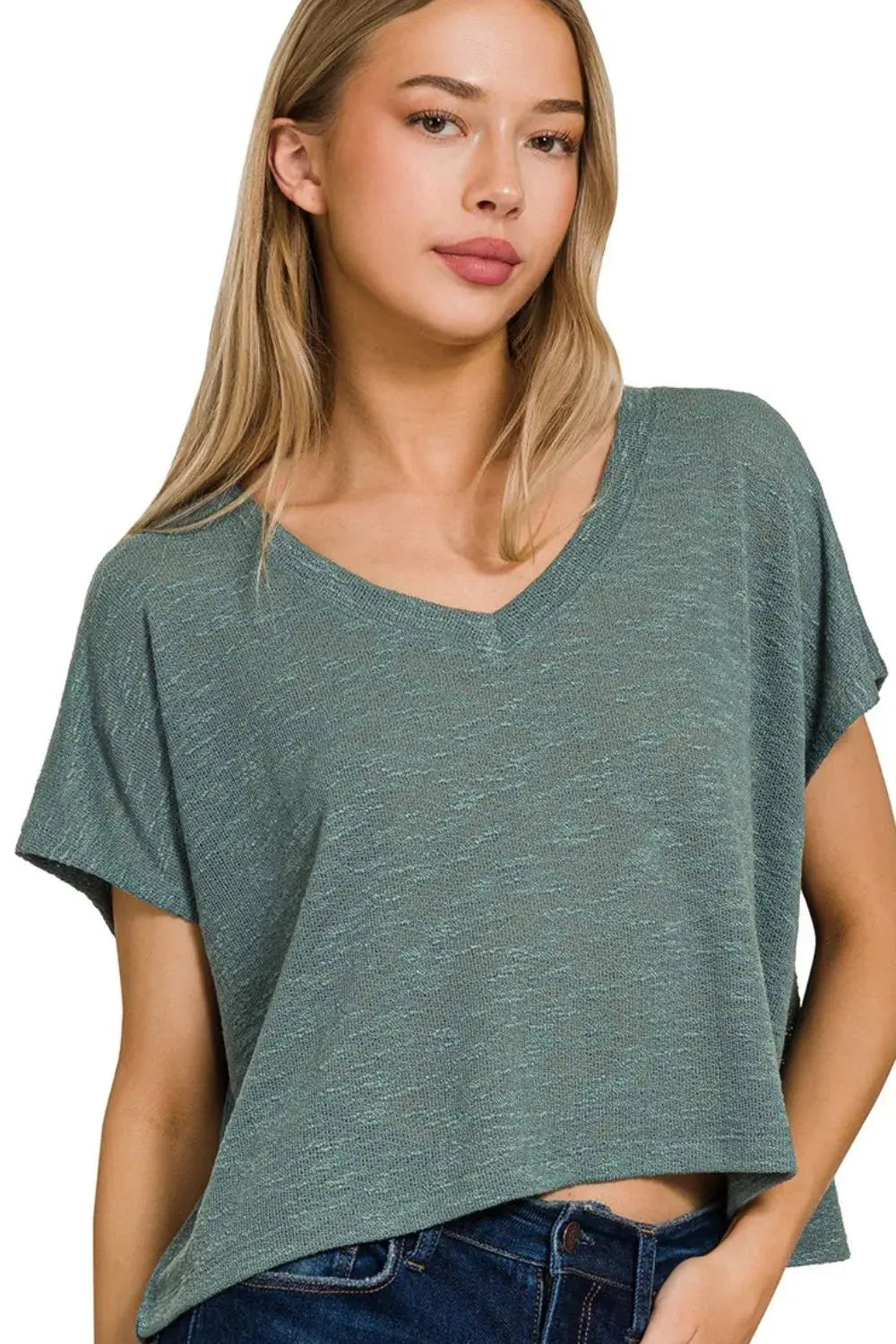 Zenana Hacci Slub V-neck Drop Shoulder Crop Top |  Be Bliss Boutique