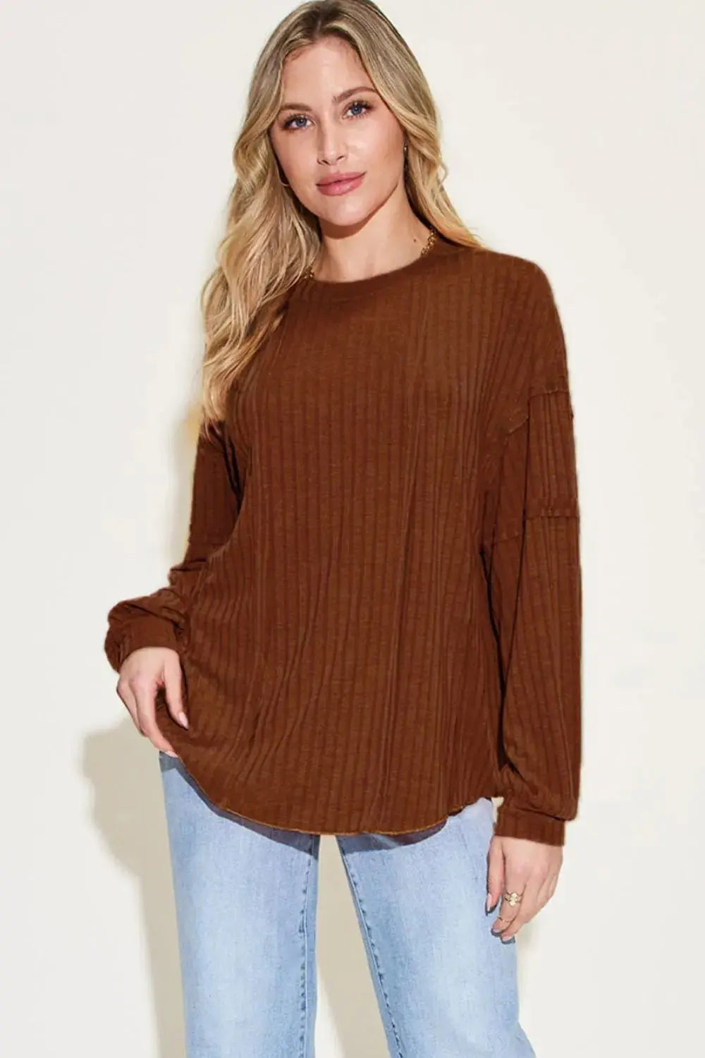 Basic Bae Full Size Ribbed Round Neck Long Sleeve T-Shirt |  Be Bliss Boutique