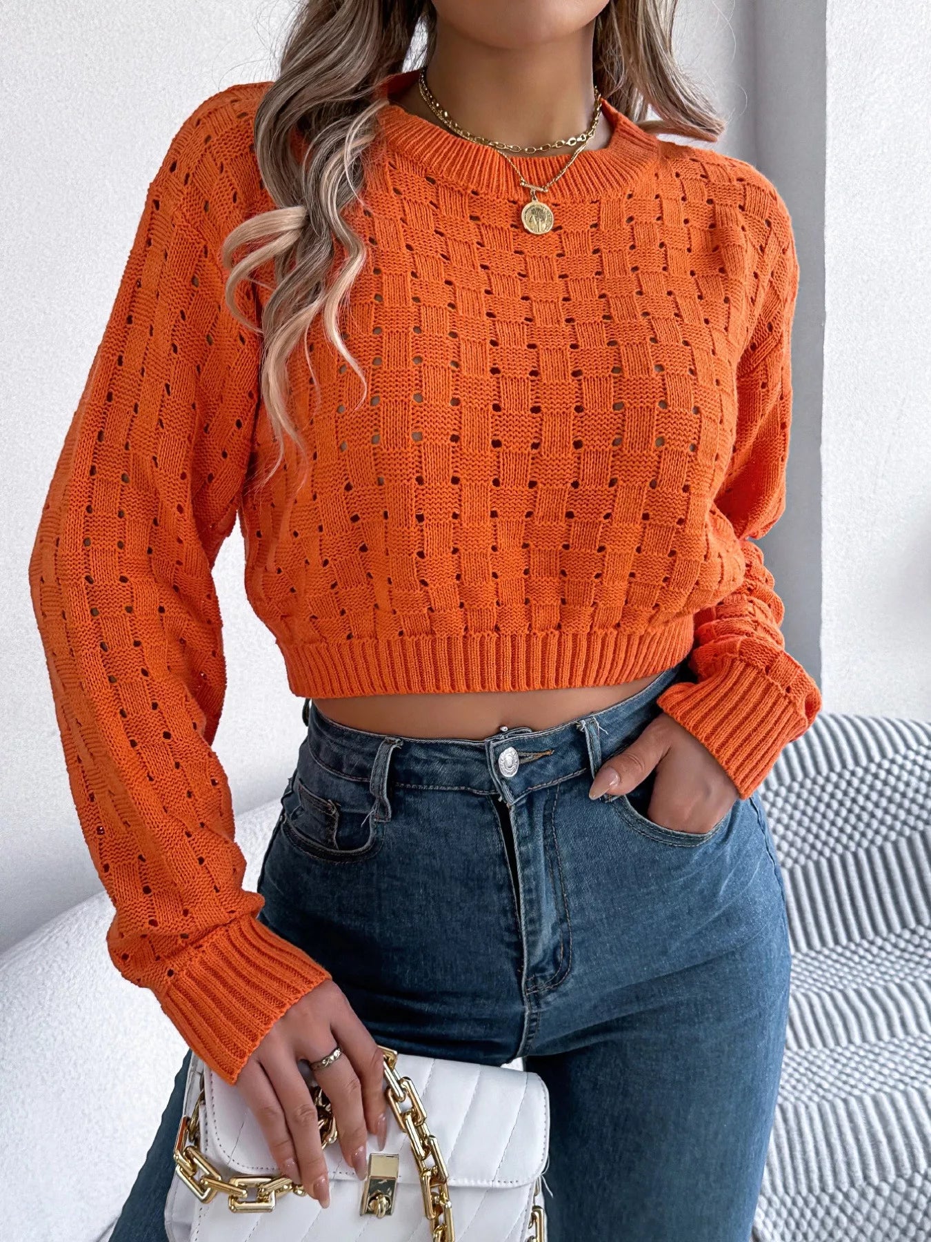 Cutout Back Openwork Round Neck Long Sleeve Sweater - Be Bliss Boutique