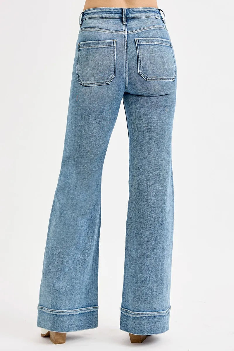 High Rise Wide Flare Patch Pocket RISEN Jeans – Full Size