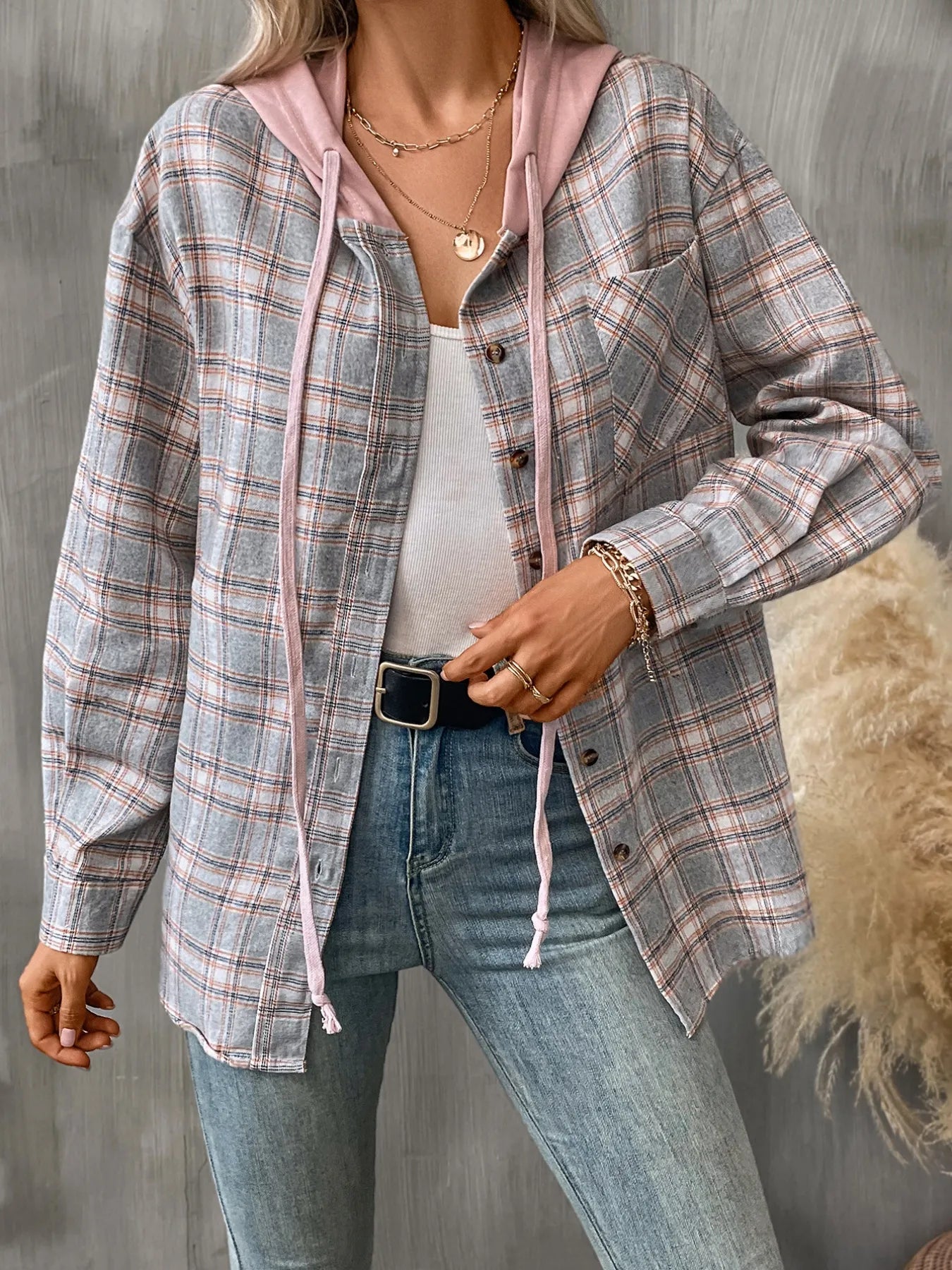 Plaid Button-Up Hooded Shirt with Chest Pocket - Be Bliss Boutique