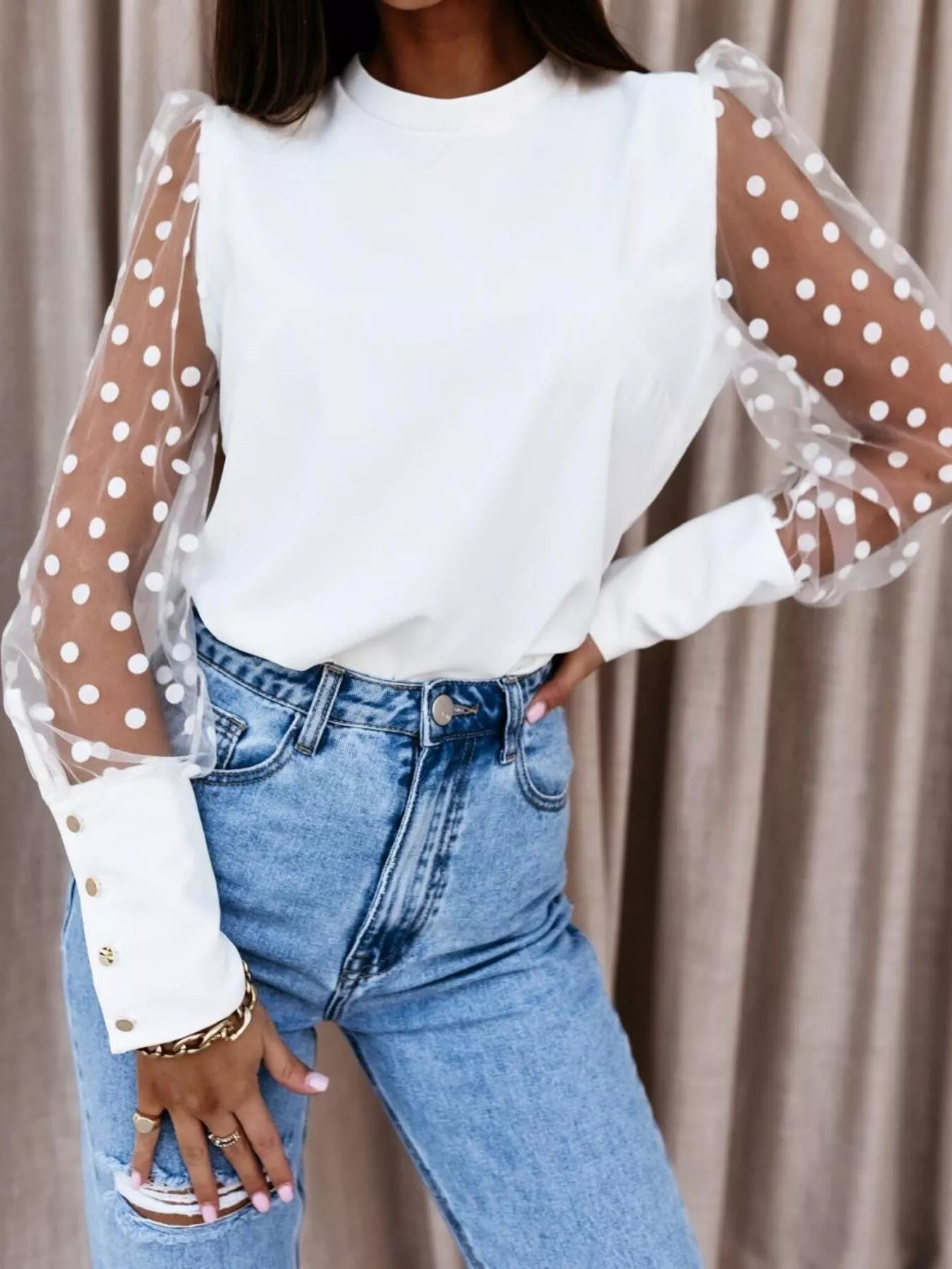 Polka Dot Mesh Sleeve Blouse - Be Bliss Boutique