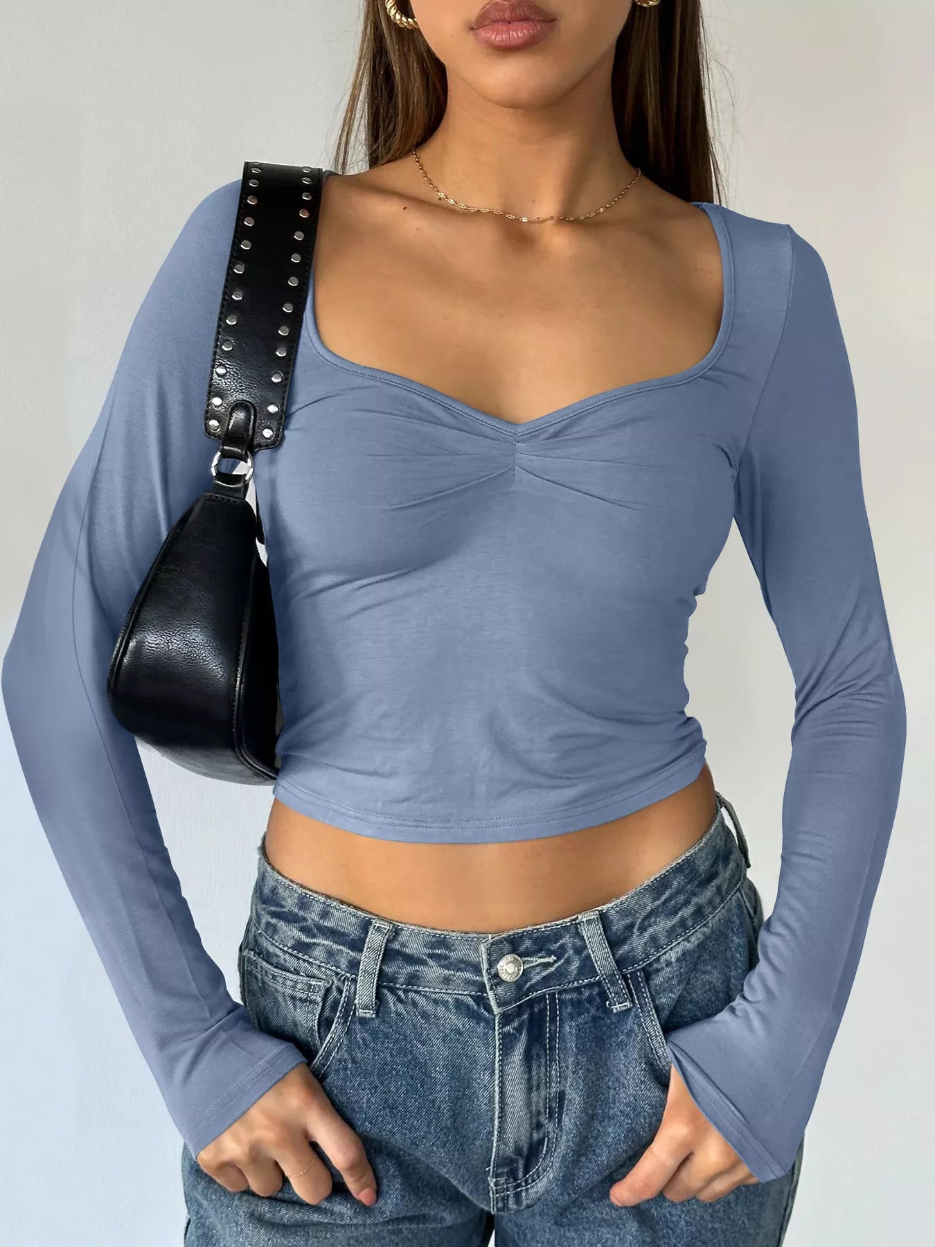 Long Sleeve Sweetheart Neck Crop T-Shirt - Be Bliss Boutique