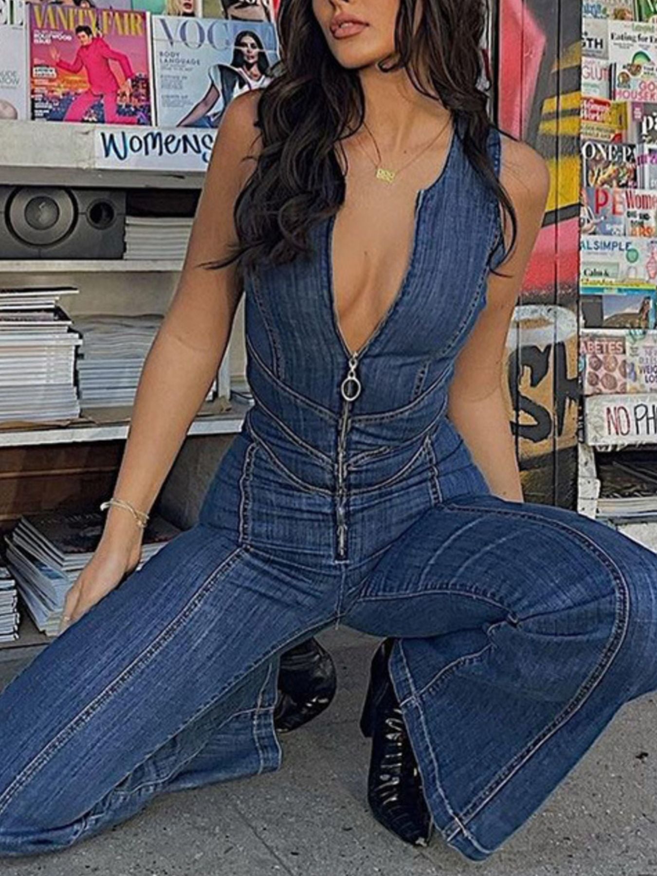 Zip Front Sleeveless Wide Leg Denim Jumpsuit - Be Bliss Boutique