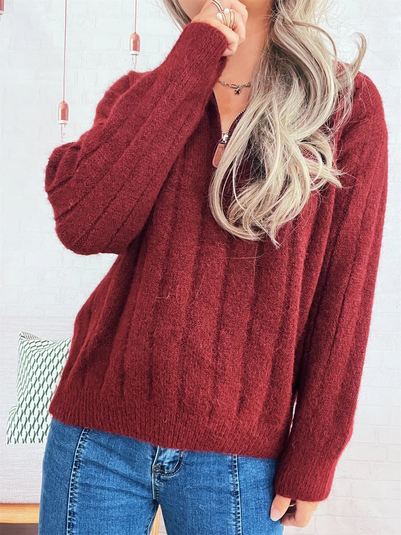 Ribbed Hem Quarter Zip Sweater -  Be Bliss Boutique