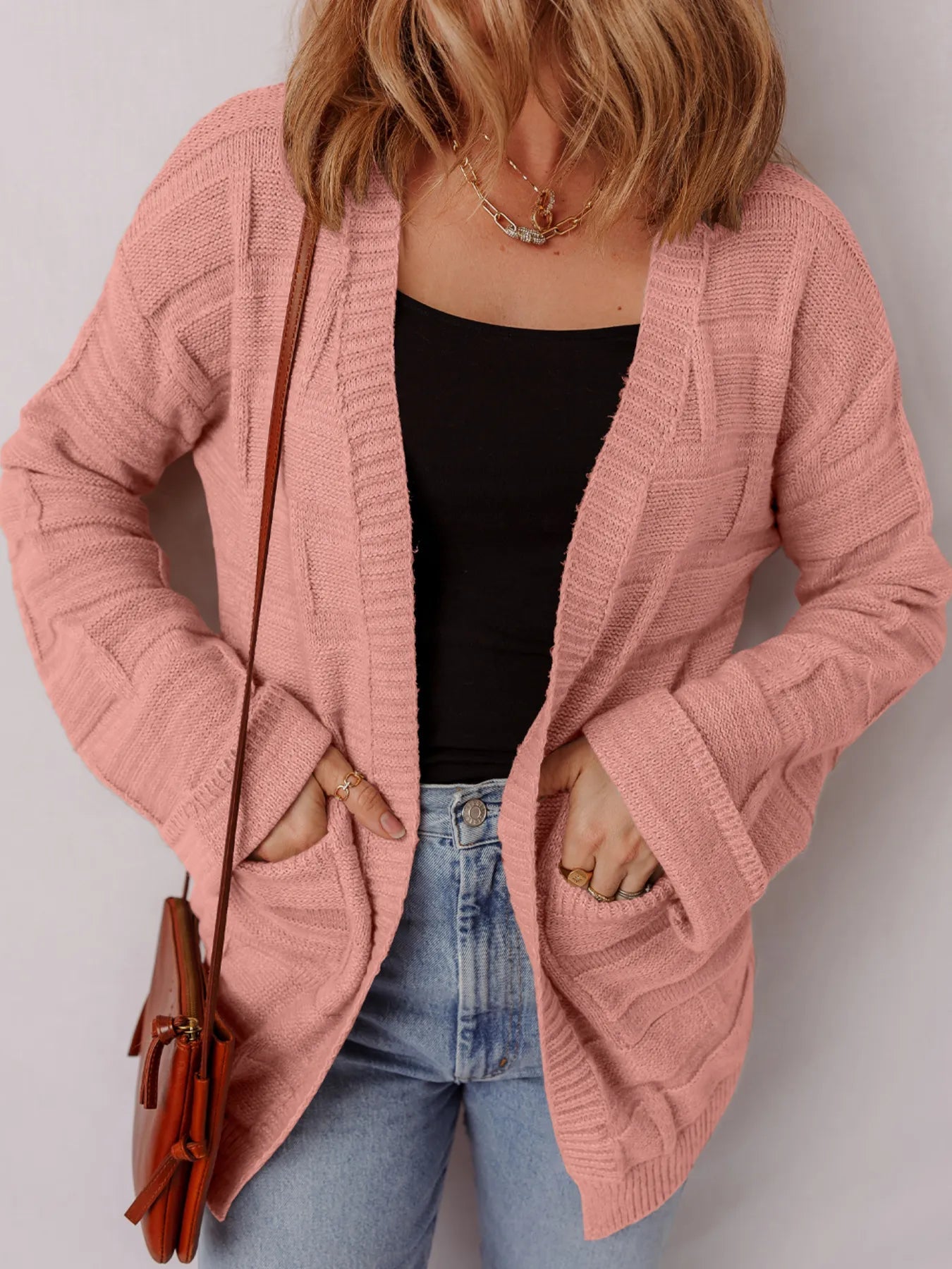 Textured Knit Open Front Cardigan with Pockets -  Be Bliss Boutique