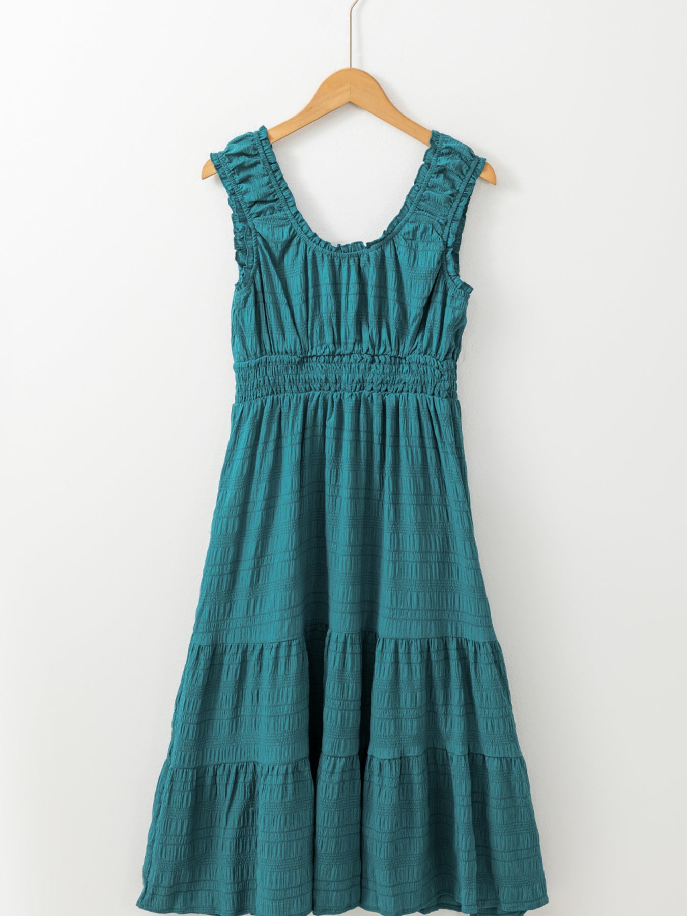 Shirred Pleated Square Neck Sleeveless Midi Dress - Be Bliss Boutique