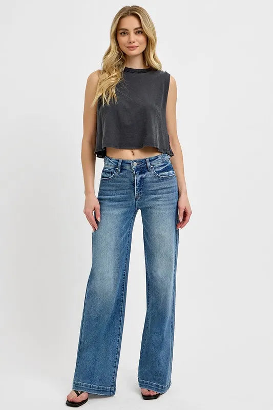 RISEN Full Size Tummy Control High Rise Wide Adjustable Waist Band Jeans Plus Size -  Be Bliss Boutique