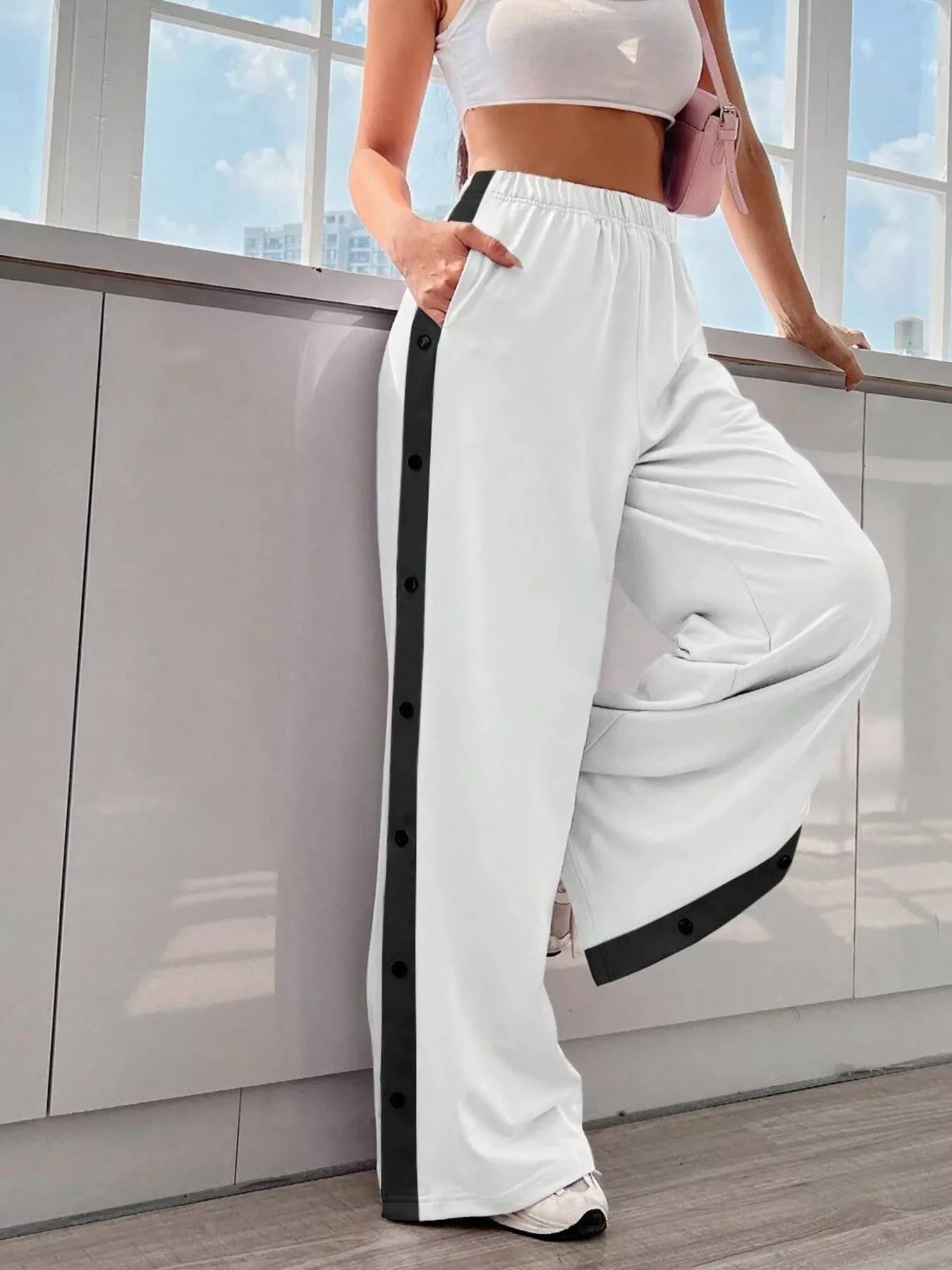 Two-Tone Side Snap Wide Leg Pants -  Be Bliss Boutique