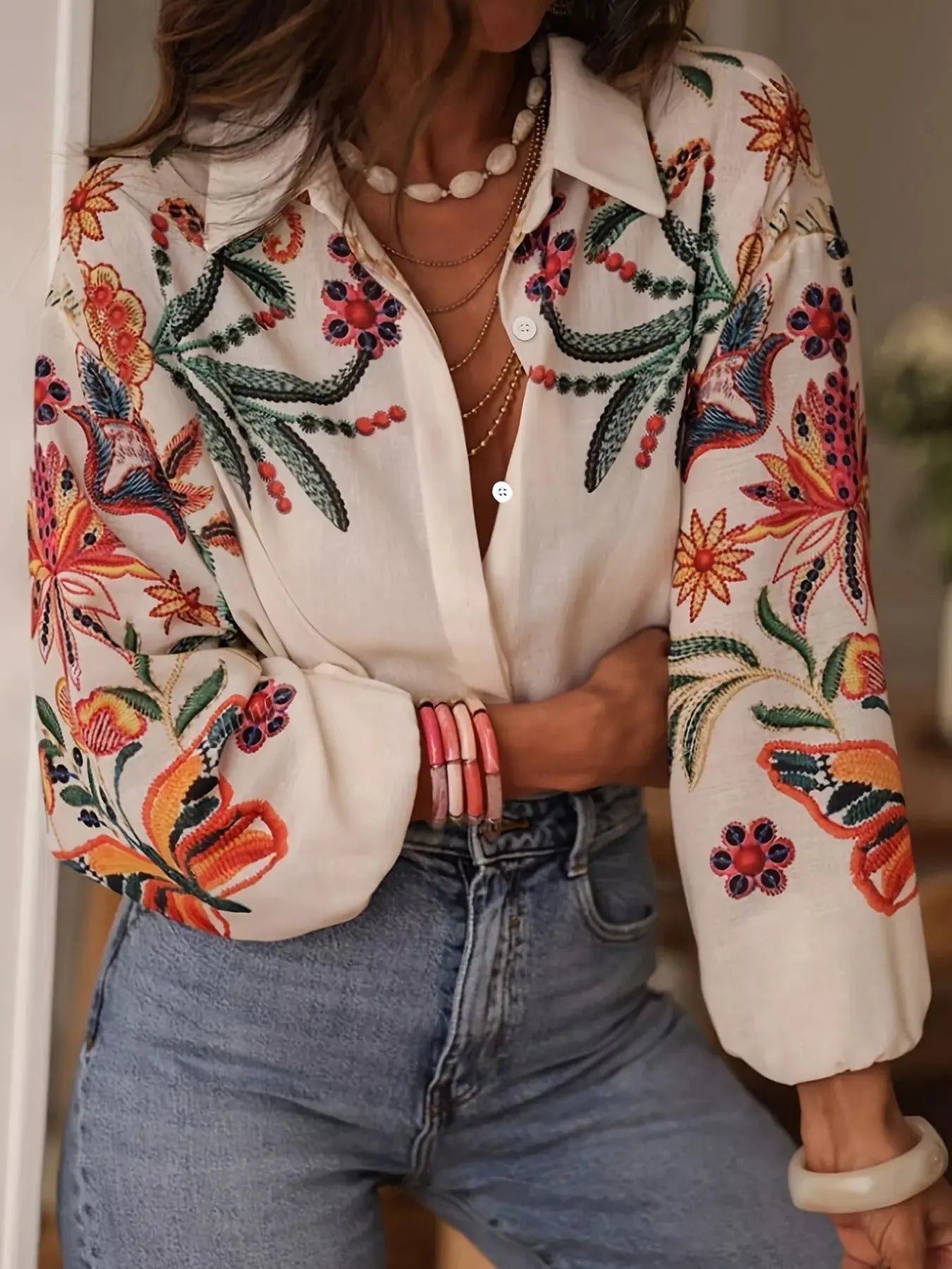 Embroidered Floral Button Up Long Sleeve Shirt - Be Bliss Boutique