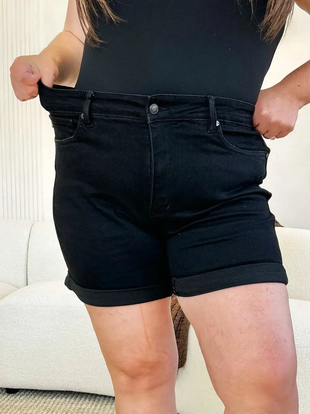 Judy Blue Full Size/Plus Size High Waist Tummy Control Cuffed Denim Shorts | Be Bliss Boutique