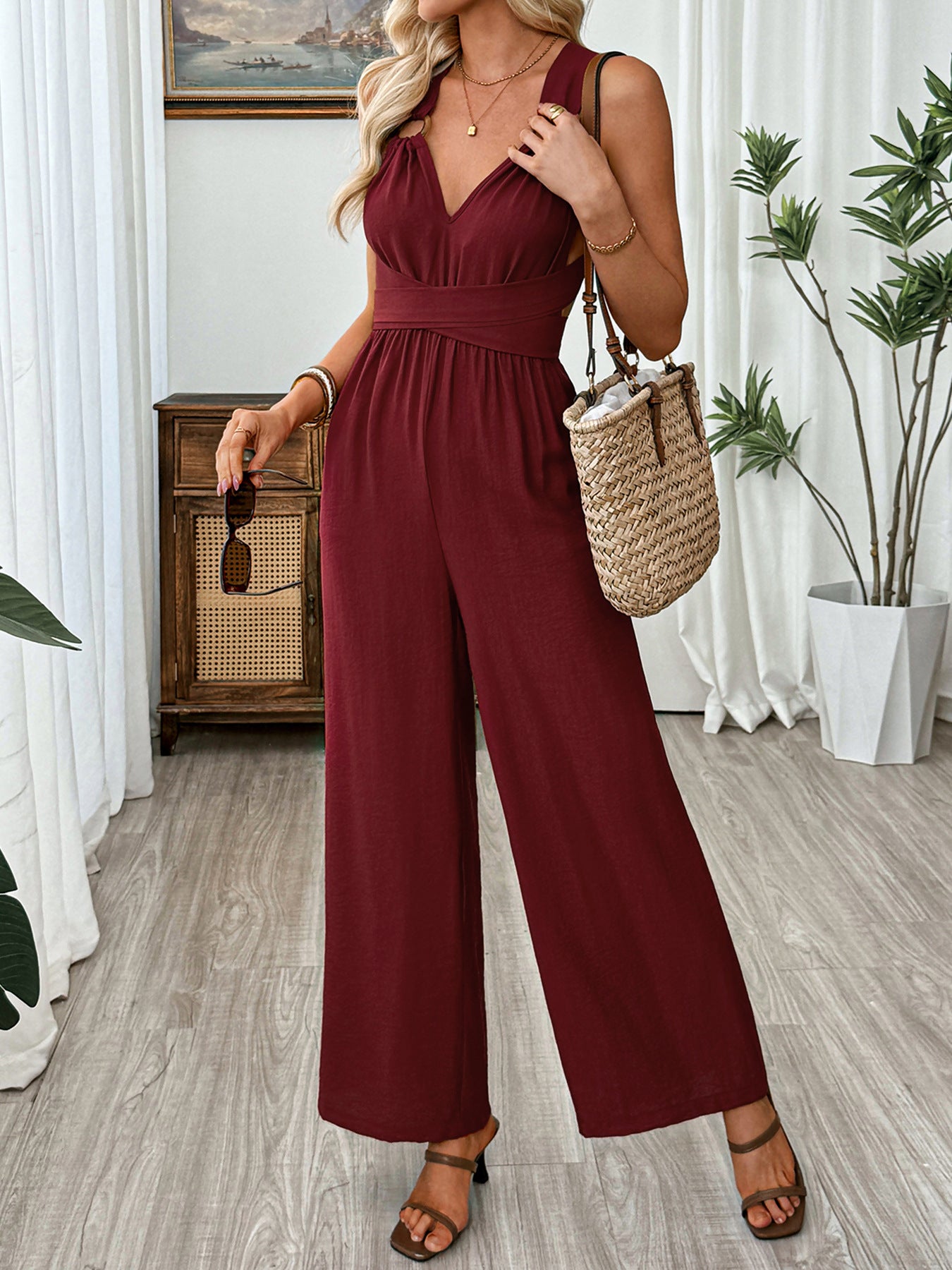 V Neck Sleeveless Wide Leg Jumpsuit - Be Bliss Boutique