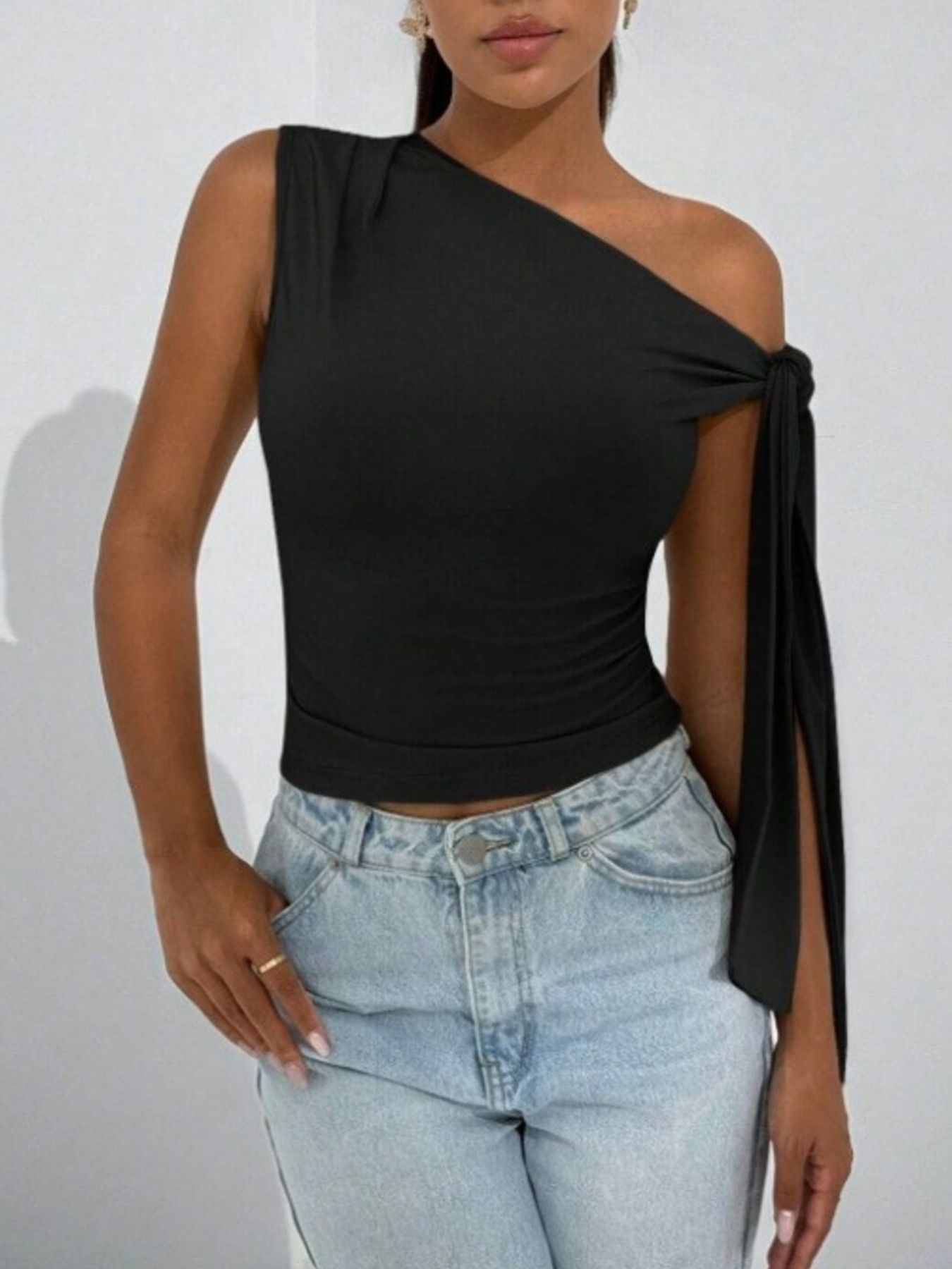 Tie Detail One Shoulder Top - Be Bliss Boutique